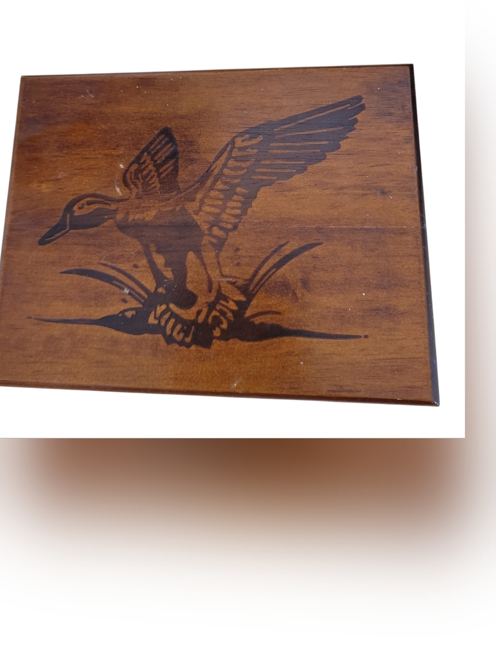 Vintage Wood Keepstake Box With Etched Flying Duck Mallard Wood Trinket Box